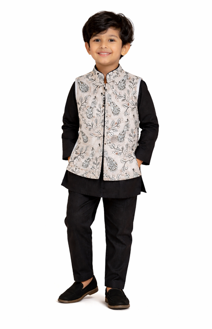 Boys' Black Kurta & Pajama Set with White Peacock Printed Nehru Jacket