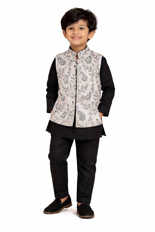 Boys' Black Kurta & Pajama Set with White Peacock Printed Nehru Jacket