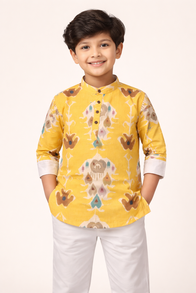 Kids' Designer Ethnic Cotton Kurta – Premium Ochre Yellow Celebration Wear