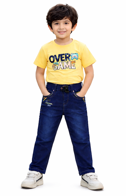 Boys' Aviation-Themed Embroidered Denim Jeans with Utility Belt