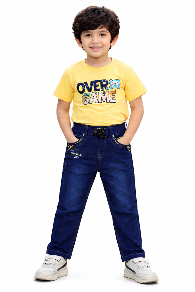 Boys' Aviation-Themed Embroidered Denim Jeans with Utility Belt