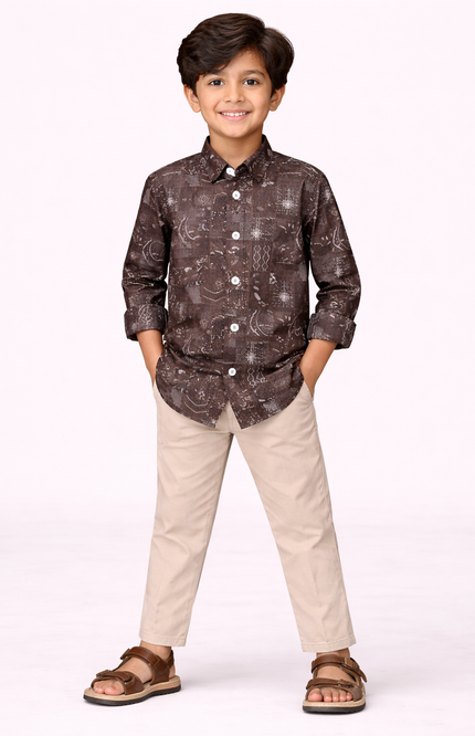 Kids' Designer Ethnic-Print Button-Down – Premium Coffee & Forest Green Casual Shirt