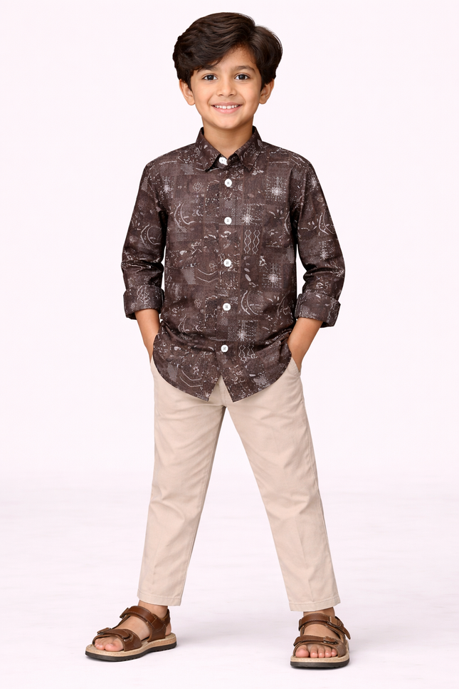 Kids' Designer Ethnic-Print Button-Down – Premium Coffee & Forest Green Casual Shirt