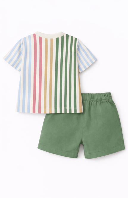Infant Boys' Multi-Color Striped T-Shirt and Sage Green Shorts Set