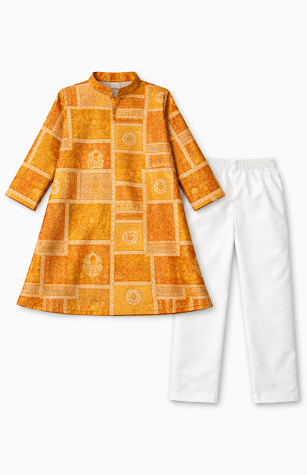 Kids' Ethnic Festive Set – Traditional Ochre Yellow Kurta & Cotton Pajama
