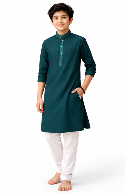 Teen Boys' Solid Kurta Set with Designer Placket