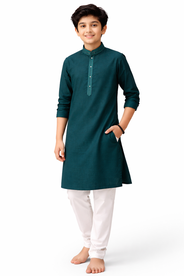 Teen Boys' Solid Kurta Set with Designer Placket