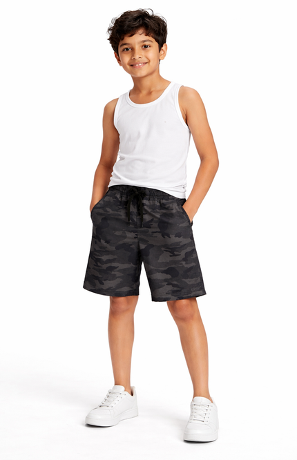 Kids' Military Print Cargo-Style Shorts – Premium Grey & Olive Camo Summer Bottoms