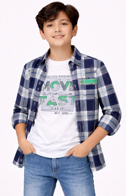Kids' Urban Layered Outfit – Navy Plaid Shirt & Sporty White Tee