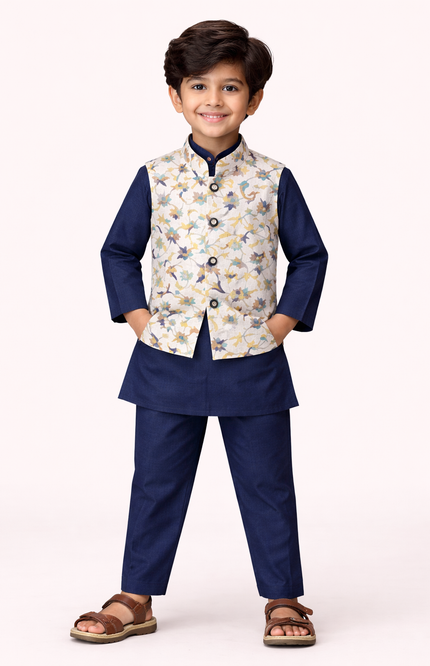 Kids' Premium 3-Piece Ethnic Set – Navy Blue Celebration Wear with Waistcoat