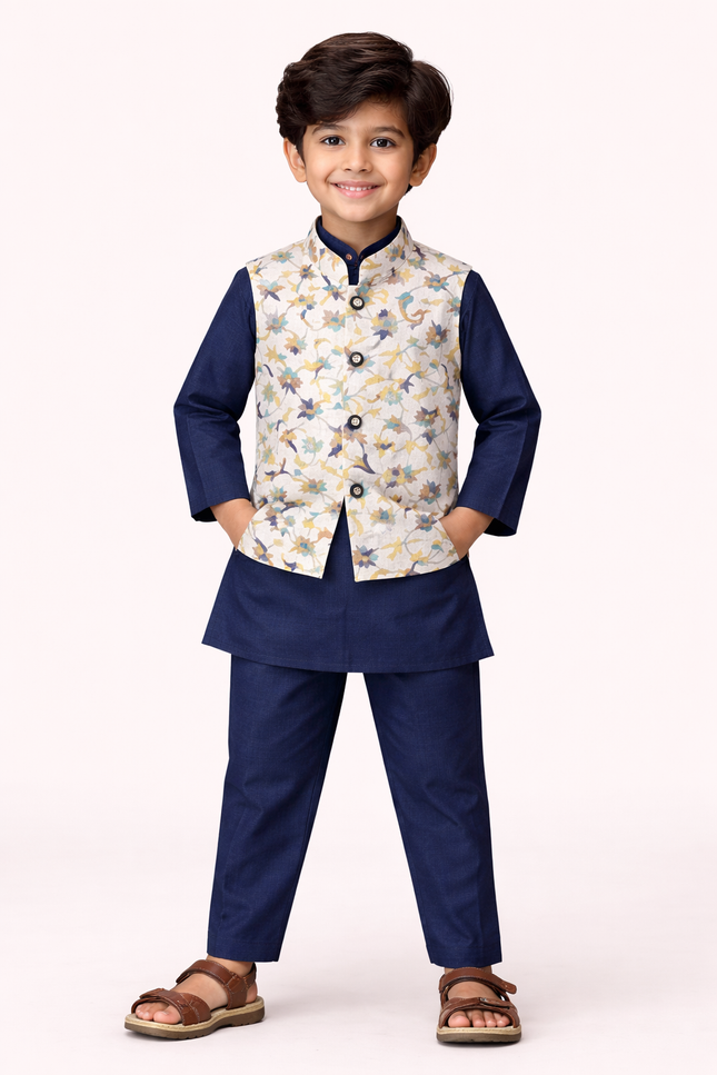 Kids' Premium 3-Piece Ethnic Set – Navy Blue Celebration Wear with Waistcoat