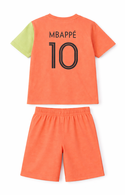 Boys' Mbappé Football Graphic T-Shirt and Shorts 2-Piece Set – Neon Orange & Lime