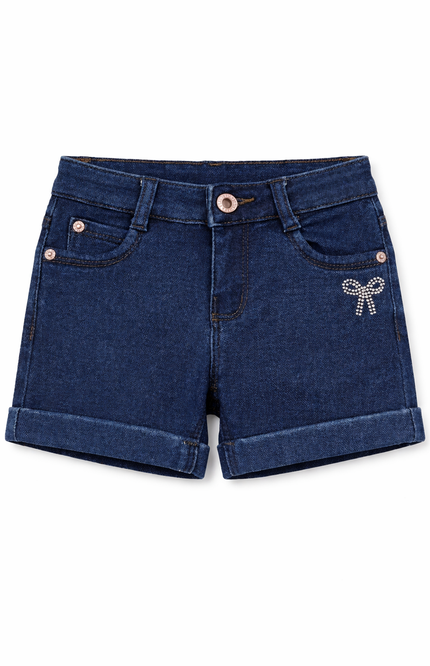 Girls' Denim Cuff Shorts with Rhinestone Bow