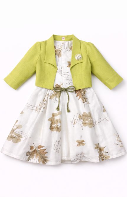 Gemini said Girls' Floral Print A-Line Dress with Lime Green Crepe Bolero