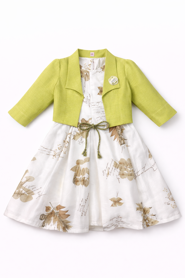 Gemini said Girls' Floral Print A-Line Dress with Lime Green Crepe Bolero