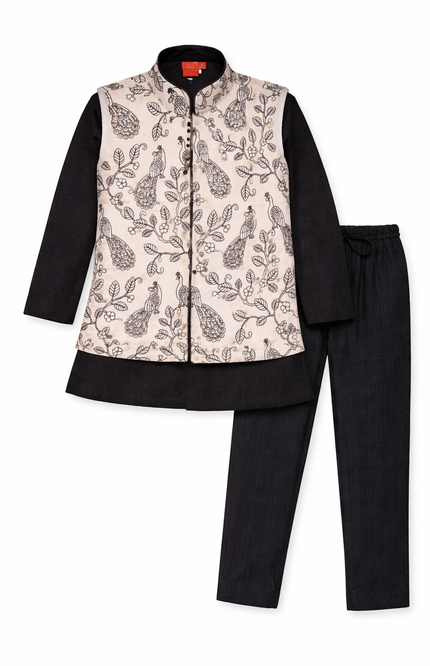Boys' Black Kurta & Pajama Set with White Peacock Printed Nehru Jacket