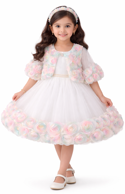 Girls' White Tulle Party Dress with Matching Iridescent Rosette Bolero Jacket