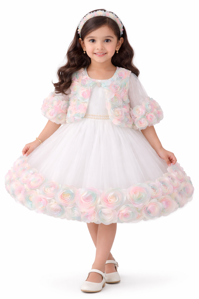 Girls' White Tulle Party Dress with Matching Iridescent Rosette Bolero Jacket
