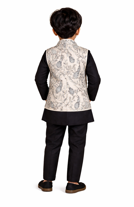 Boys' Black Kurta & Pajama Set with White Peacock Printed Nehru Jacket