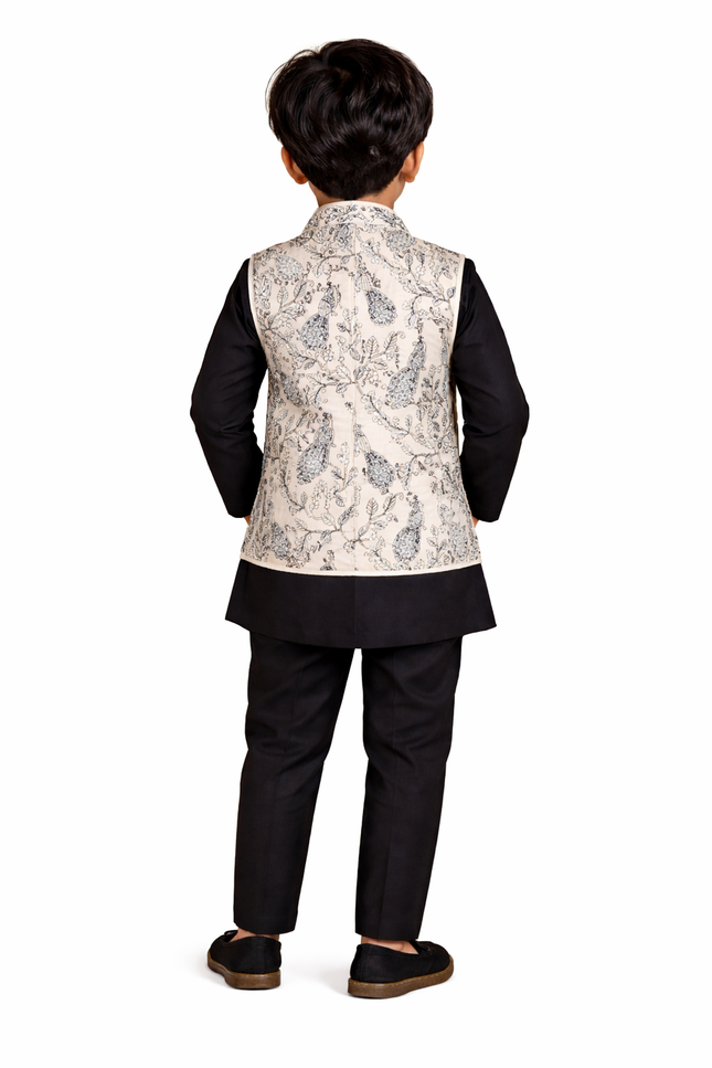 Boys' Black Kurta & Pajama Set with White Peacock Printed Nehru Jacket