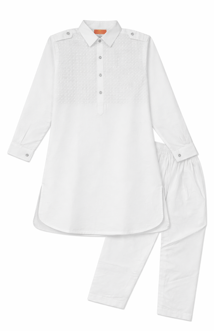 Boys' White Pathani Kurta Set with Chikankari Embroidery