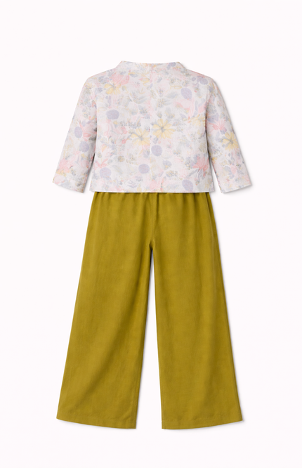 Kids' 3-Piece Botanical Co-ord – Olive Trousers, Patterned Shrug, and Sparkle Butterfly Top