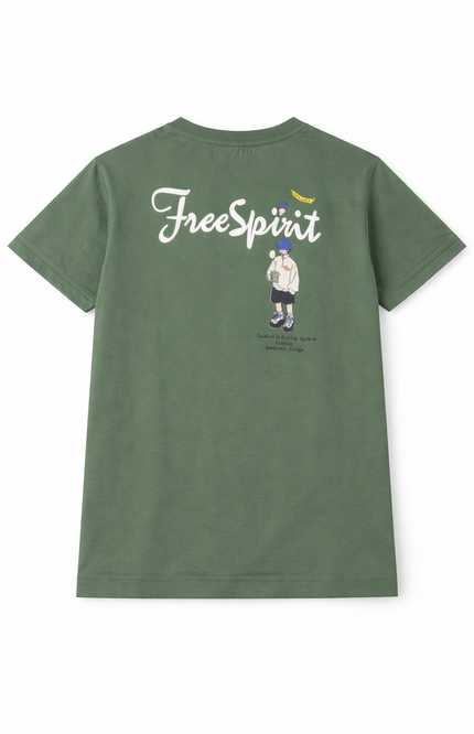 Kids' Olive Green Crew Neck T-Shirt with White Script and Character Graphic