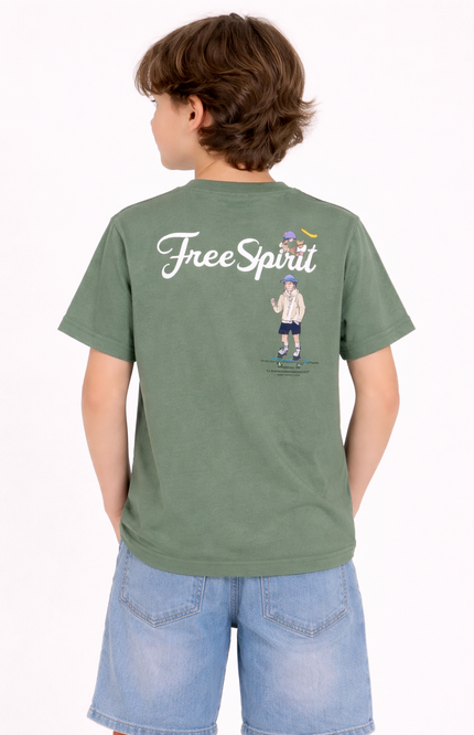Kids' Olive Green Crew Neck T-Shirt with White Script and Character Graphic