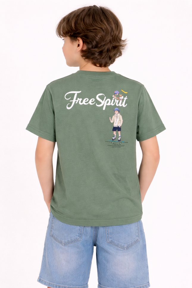 Kids' Olive Green Crew Neck T-Shirt with White Script and Character Graphic