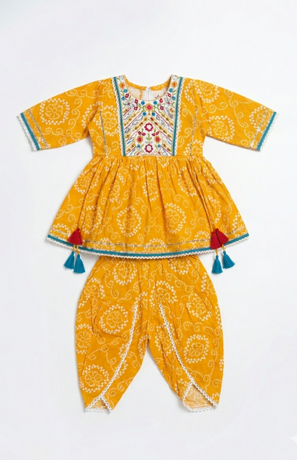 Girls' Yellow Bandhani Print Cotton Peplum Kurti and Dhoti Pant Set