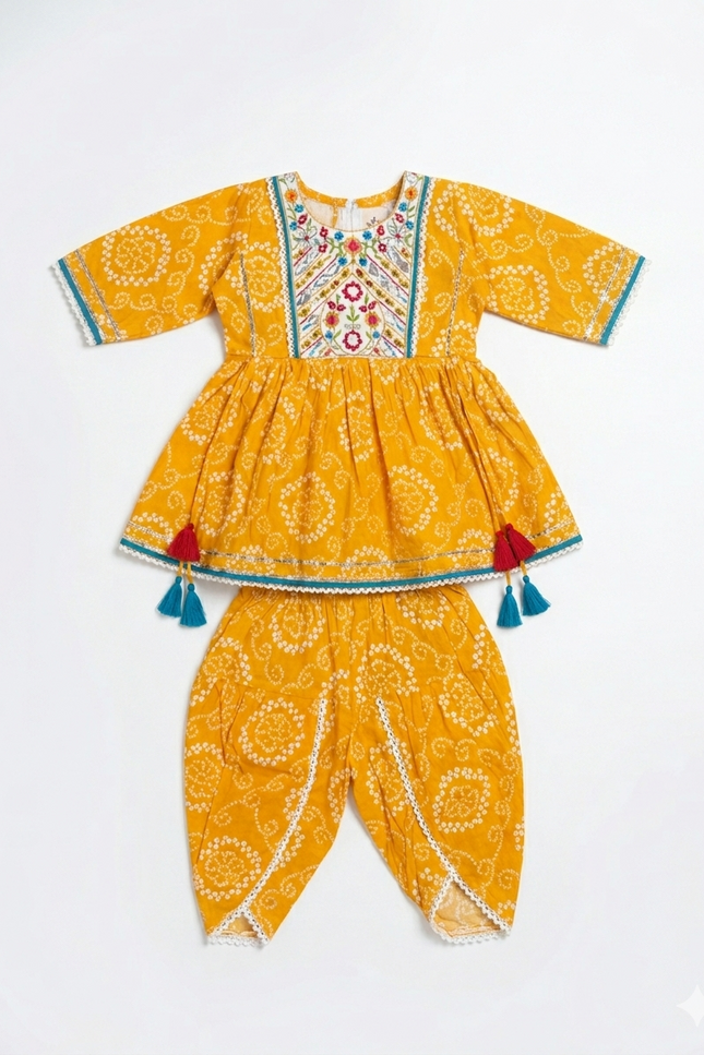 Girls' Yellow Bandhani Print Cotton Peplum Kurti and Dhoti Pant Set