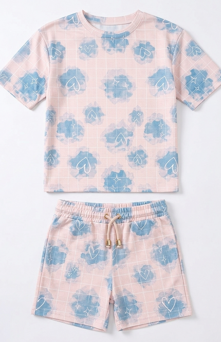 Girls' Cloud Heart Ribbed Short Set | Pink & Blue Summer Co-ord
