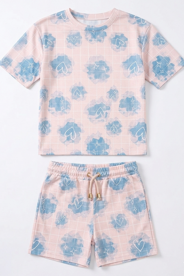 Girls' Cloud Heart Ribbed Short Set | Pink & Blue Summer Co-ord