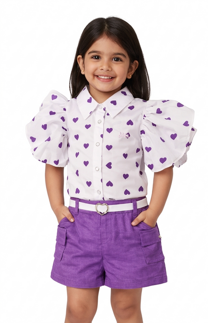 Girls White & Purple Heart Print Top with Shorts Set – Stylish Casual Wear