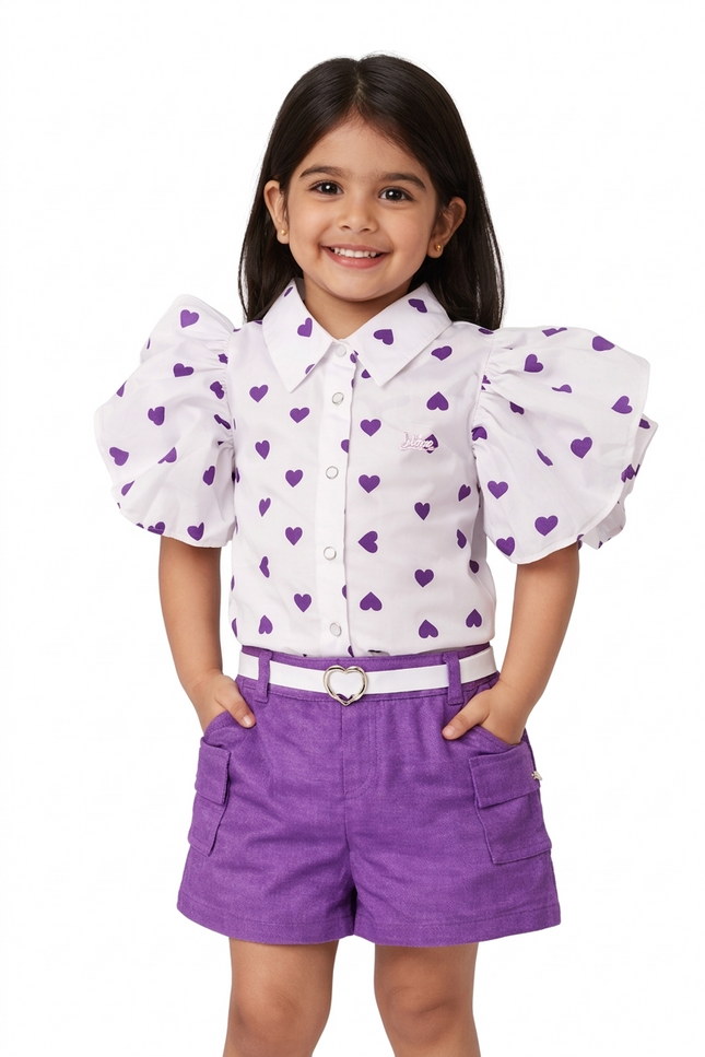 Girls White & Purple Heart Print Top with Shorts Set – Stylish Casual Wear