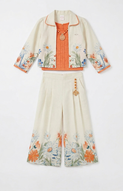 Kids' 3-Piece Fusion Set – Daisy Print Wide-Leg Trousers, Rust Orange Top, and Printed Shrug