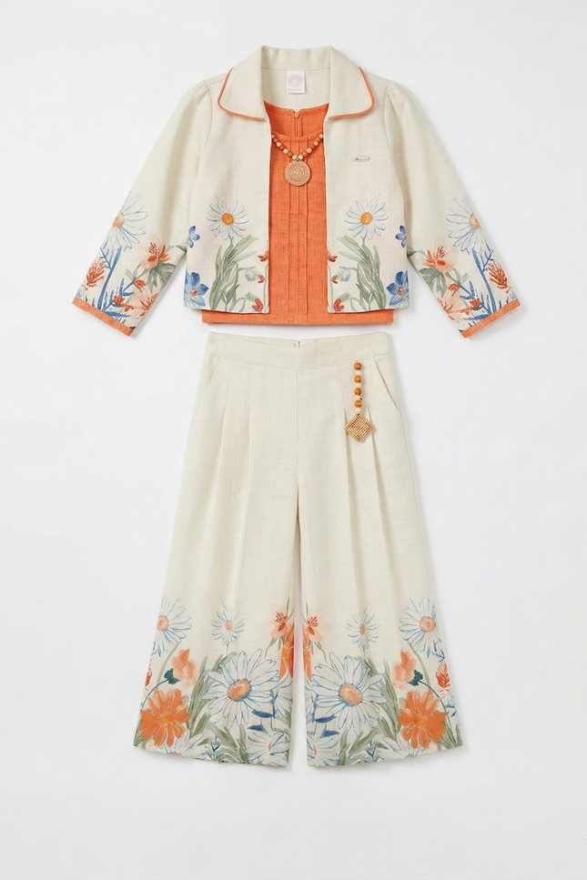 Kids' 3-Piece Fusion Set – Daisy Print Wide-Leg Trousers, Rust Orange Top, and Printed Shrug