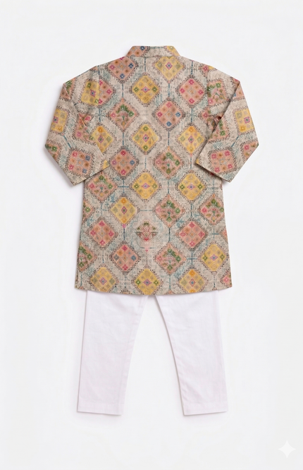 Boys' Multicolored Diamond Mosaic Kurta & White Pajama Set
