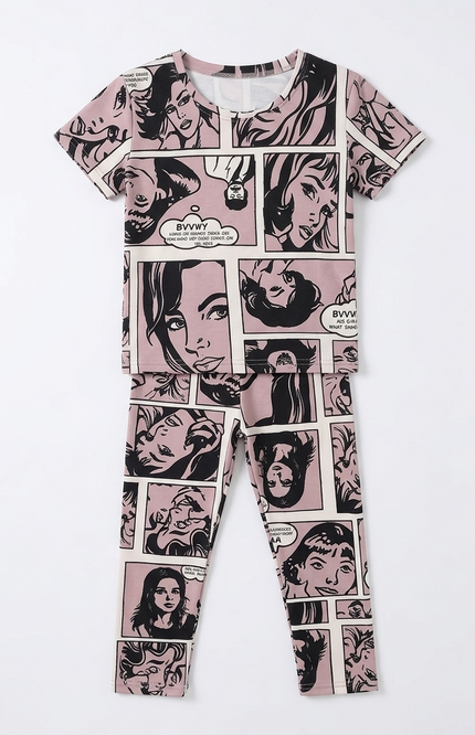 Girls' Comic Pop Art Lounge Set | Mauve & Black Hosiery Co-ord