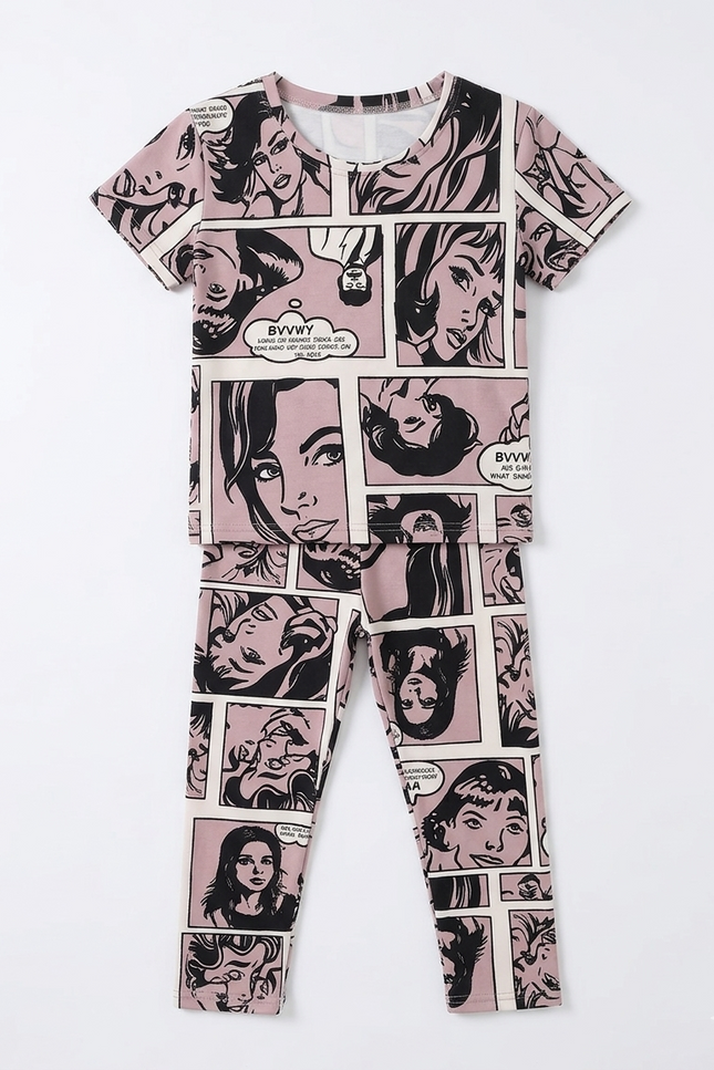 Girls' Comic Pop Art Lounge Set | Mauve & Black Hosiery Co-ord