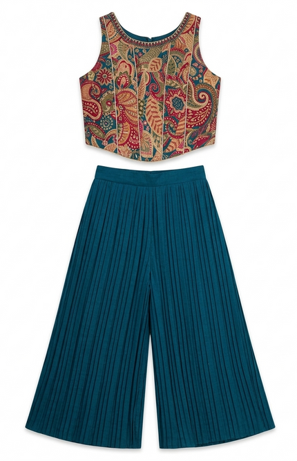 Girls' Teal Pleated Palazzo Set | Paisley Print Ethnic Party Wear
