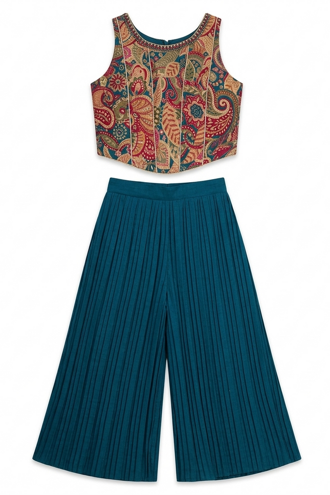 Girls' Teal Pleated Palazzo Set | Paisley Print Ethnic Party Wear