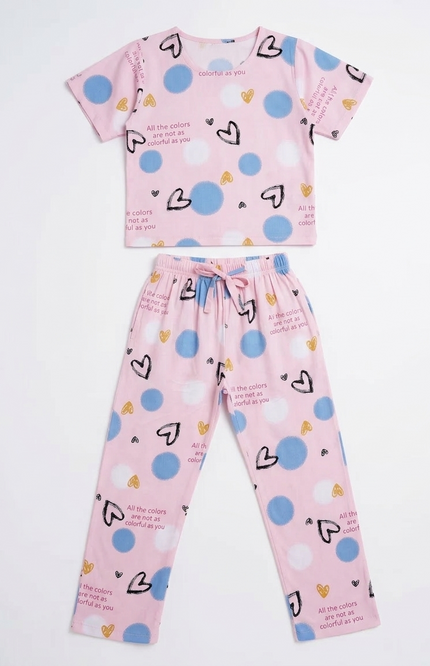 Girls' Pink "Colorful as You" Rayon Lounge Set | Polka Dot & Heart Print
