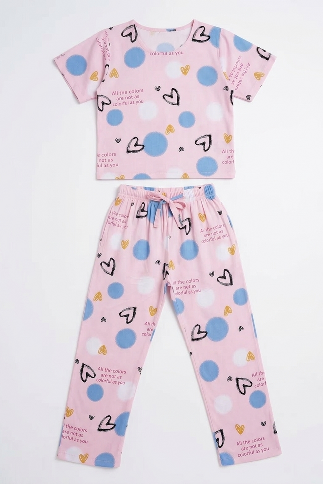 Girls' Pink "Colorful as You" Rayon Lounge Set | Polka Dot & Heart Print