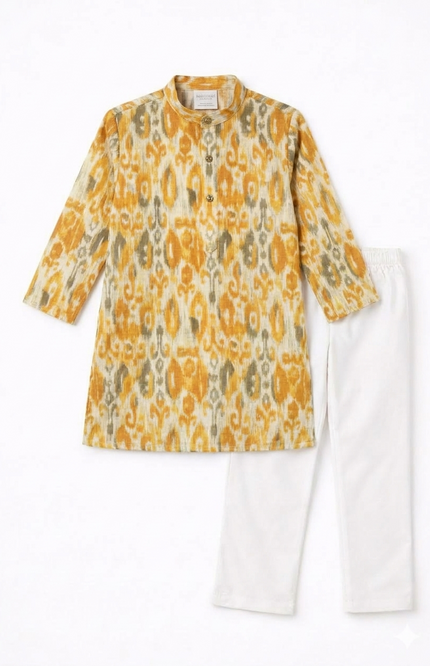 Boys' Ikat Print Kurta and White Pajama Set