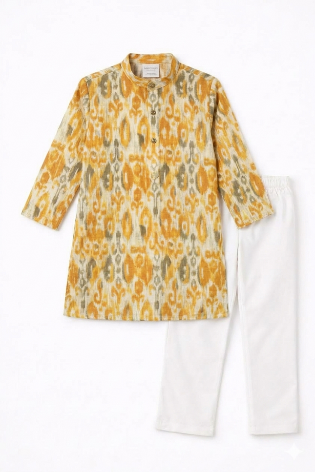 Boys' Ikat Print Kurta and White Pajama Set