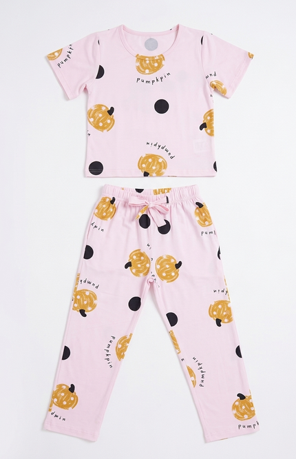 Girls' Pink Pumpkin Print Pajama Set | Soft Loungewear Co-ord