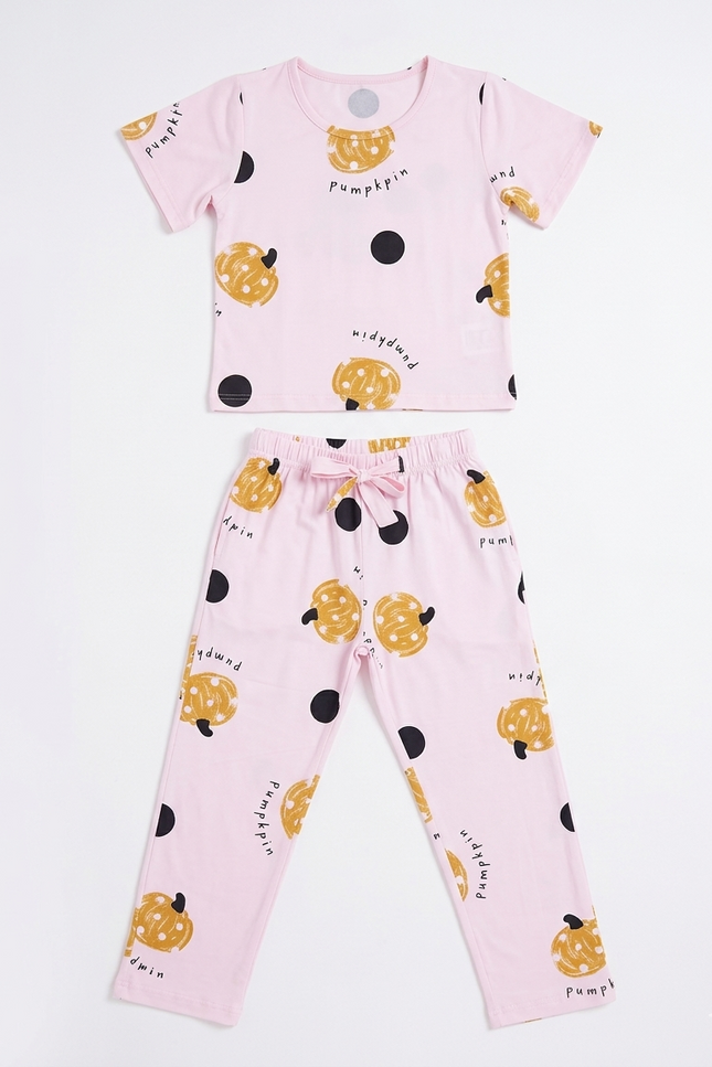 Girls' Pink Pumpkin Print Pajama Set | Soft Loungewear Co-ord