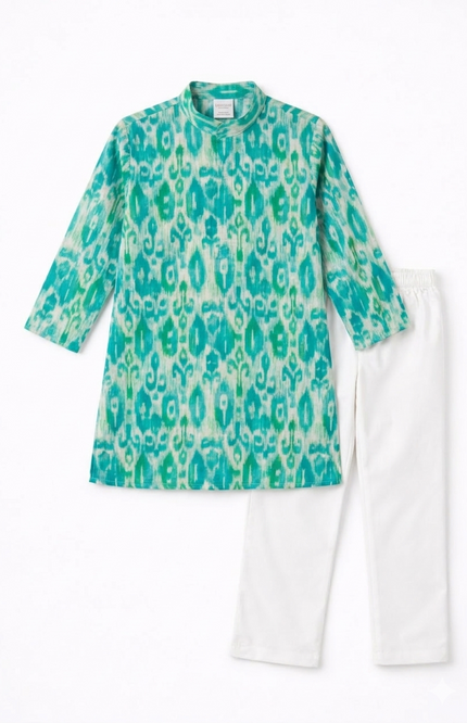 Boys' Ikat Print Kurta and White Pajama Set