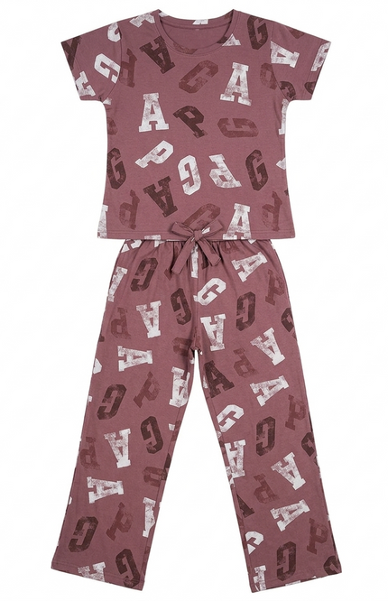 Girls' Alphabet Typography Pajama Set | Mauve & White Hosiery PJs